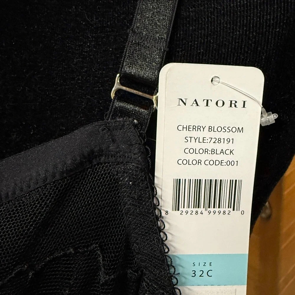 Natori Cherry Blossom Black Floral Lace Mesh Underwire Bra 728191 32C‎ NEW Sexy